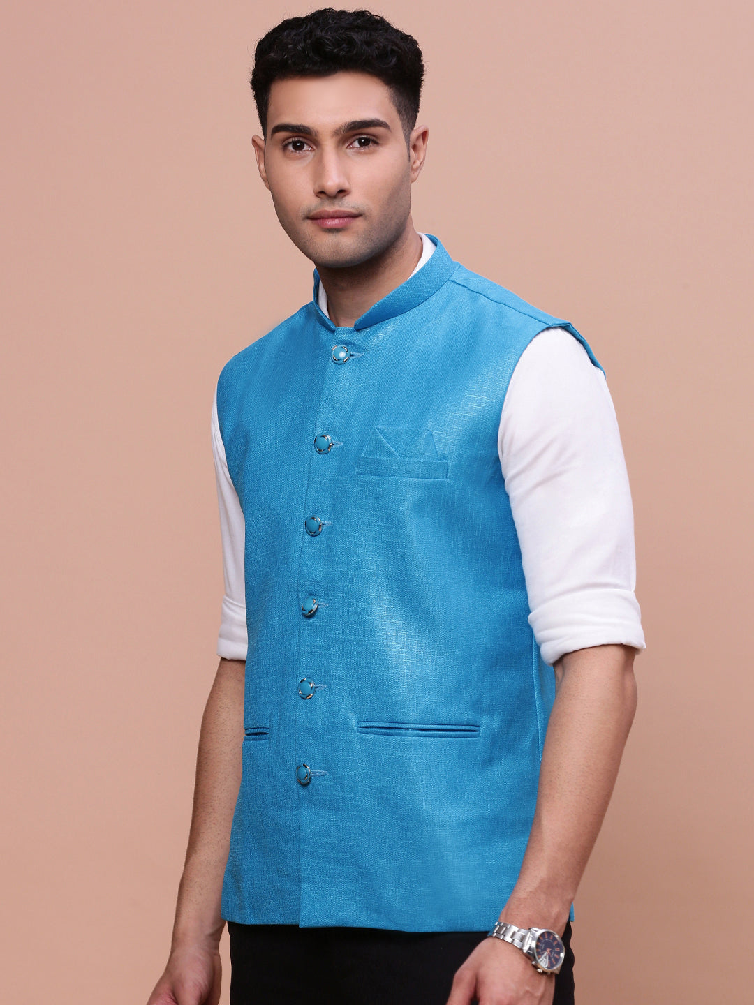 Men Solid Blue Slim Fit Nehru Jacket