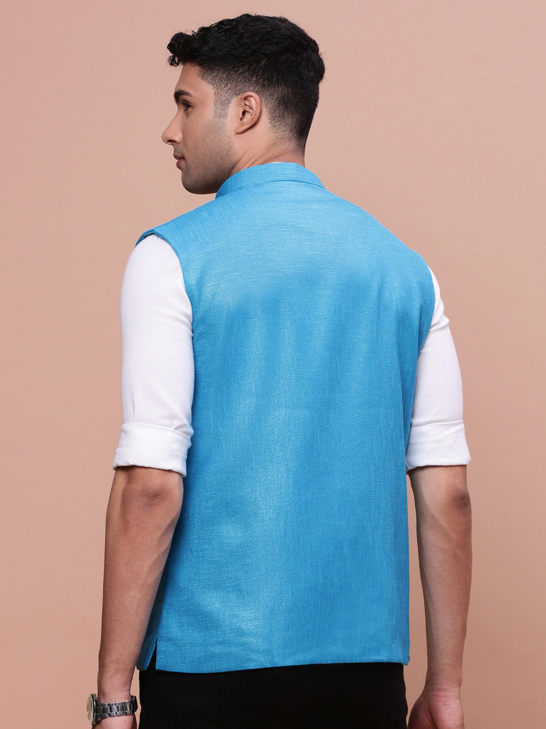 Men Solid Blue Slim Fit Nehru Jacket