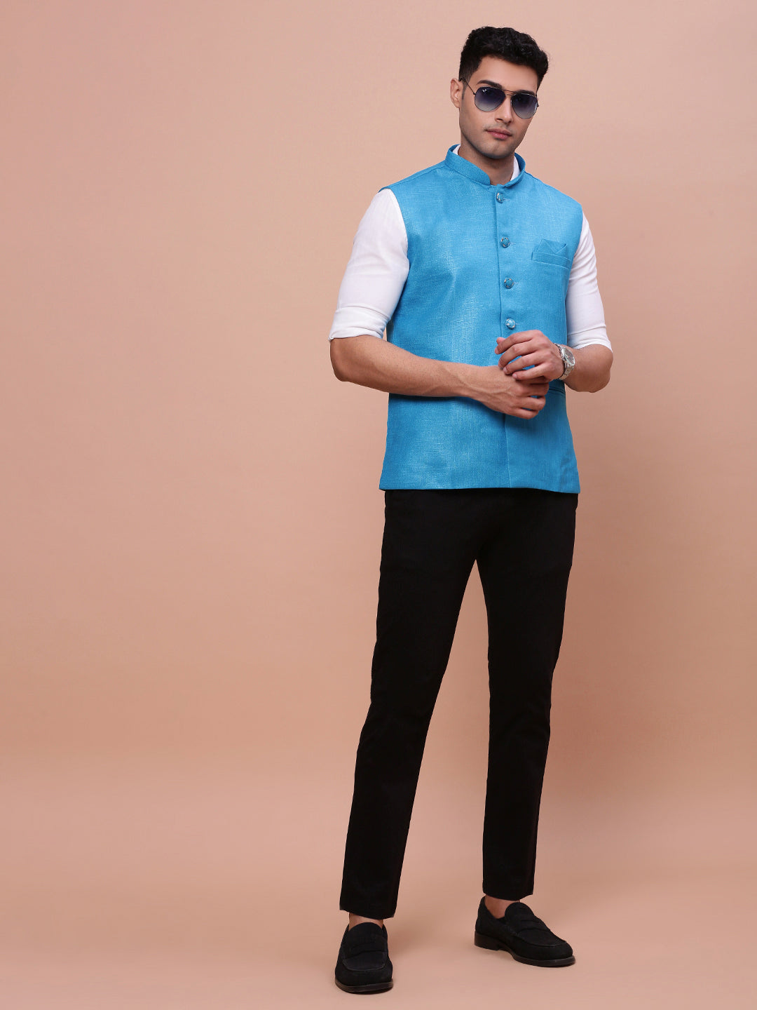 Men Solid Blue Slim Fit Nehru Jacket