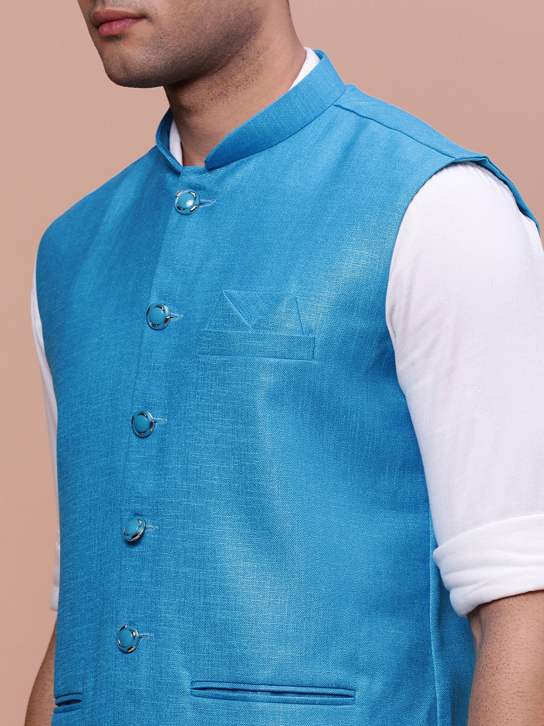 Men Solid Blue Slim Fit Nehru Jacket