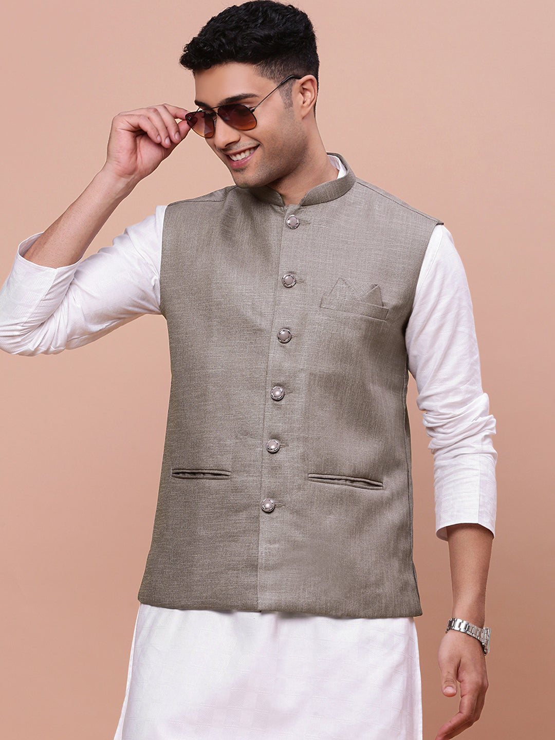 Men Solid Brown Slim Fit Nehru Jacket