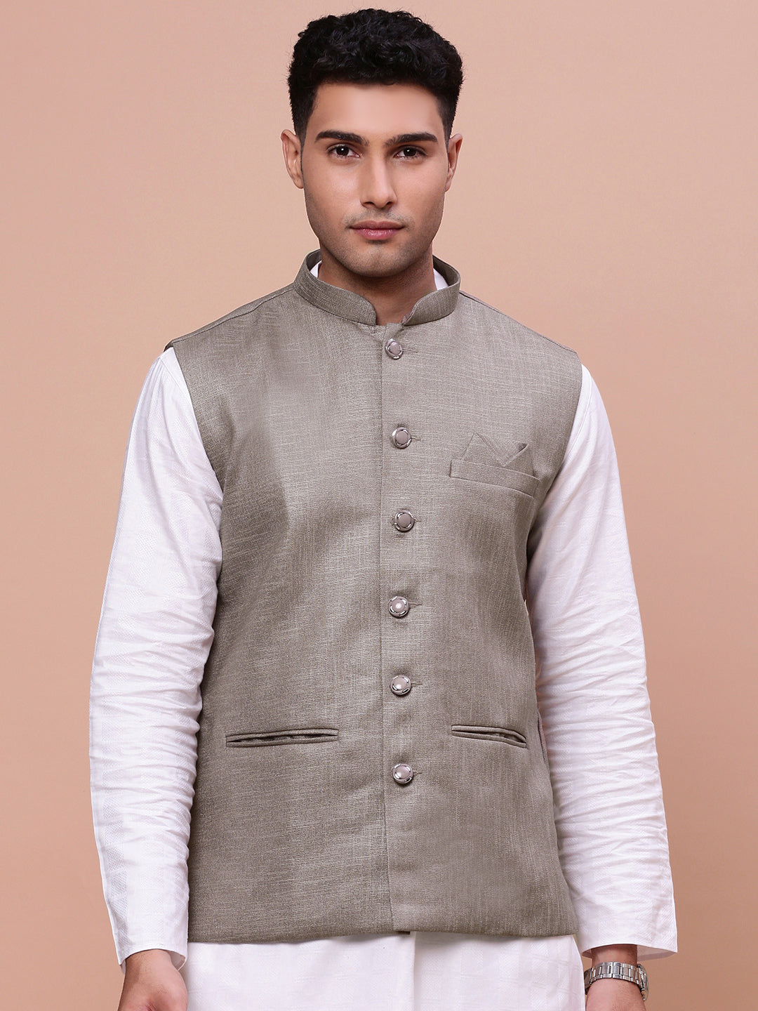 Men Solid Brown Slim Fit Nehru Jacket