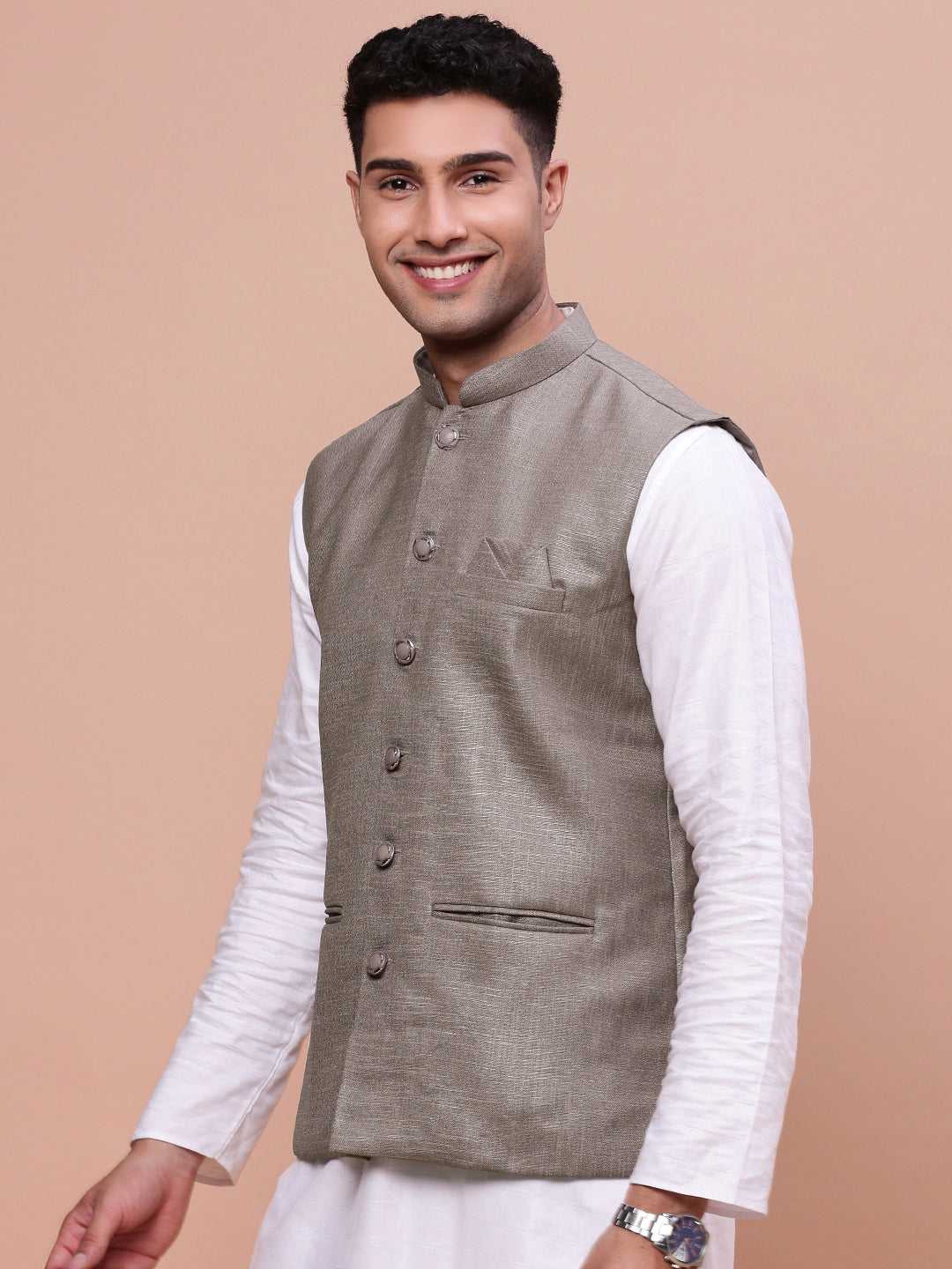 Men Solid Brown Slim Fit Nehru Jacket