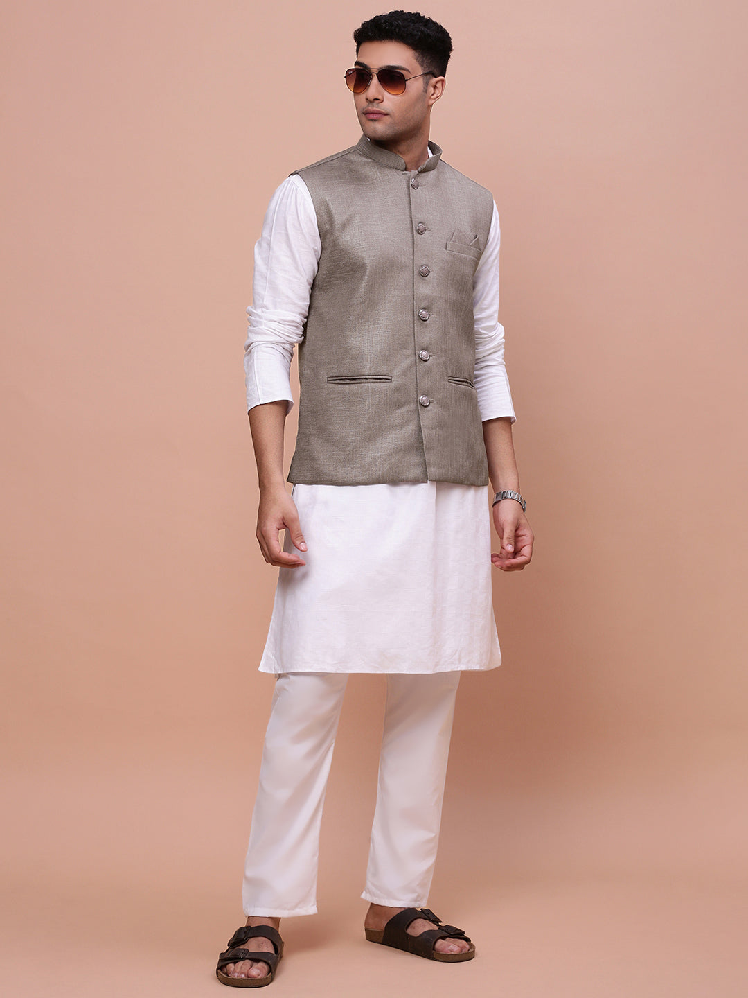 Men Solid Brown Slim Fit Nehru Jacket