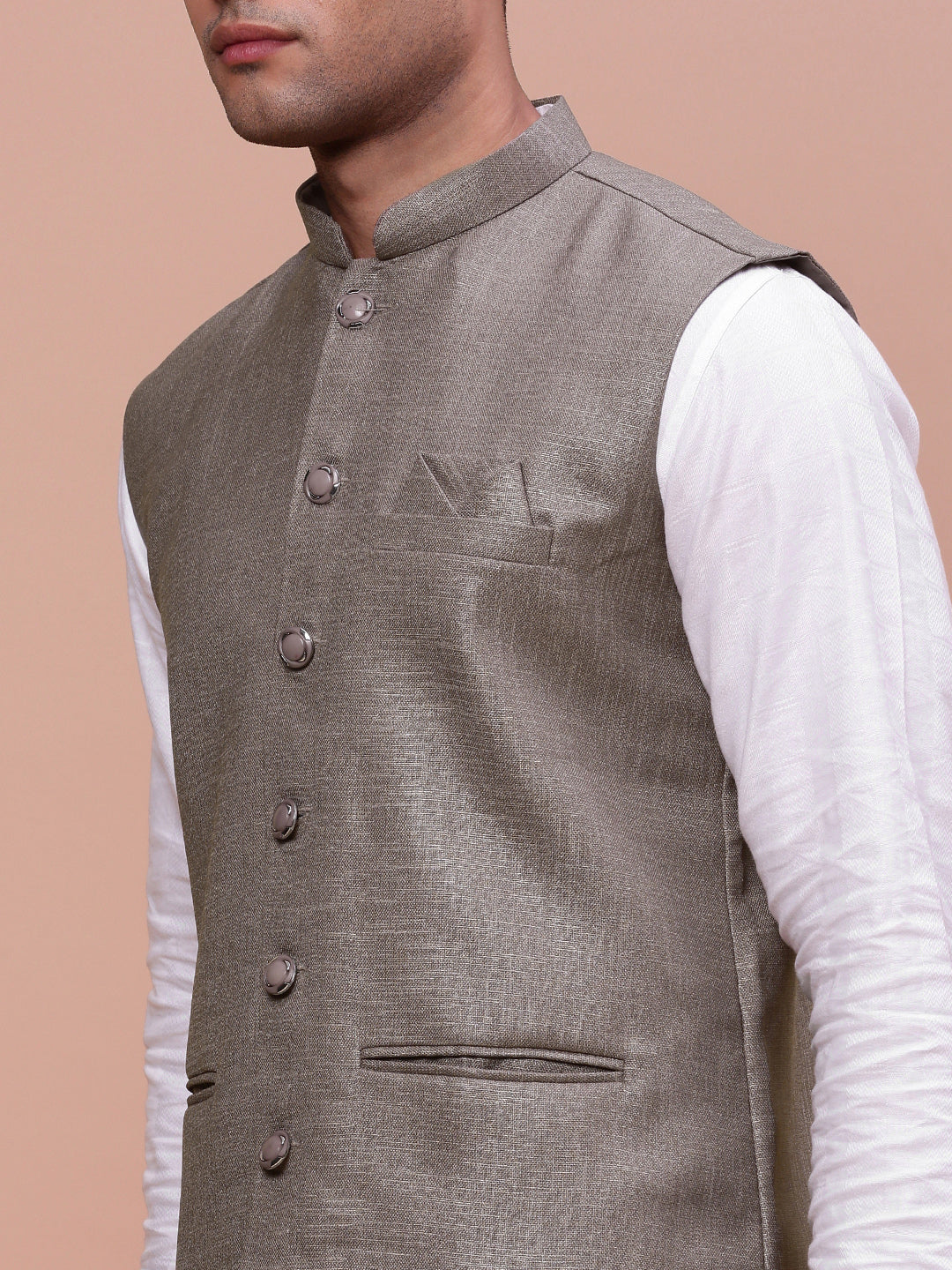 Men Solid Brown Slim Fit Nehru Jacket