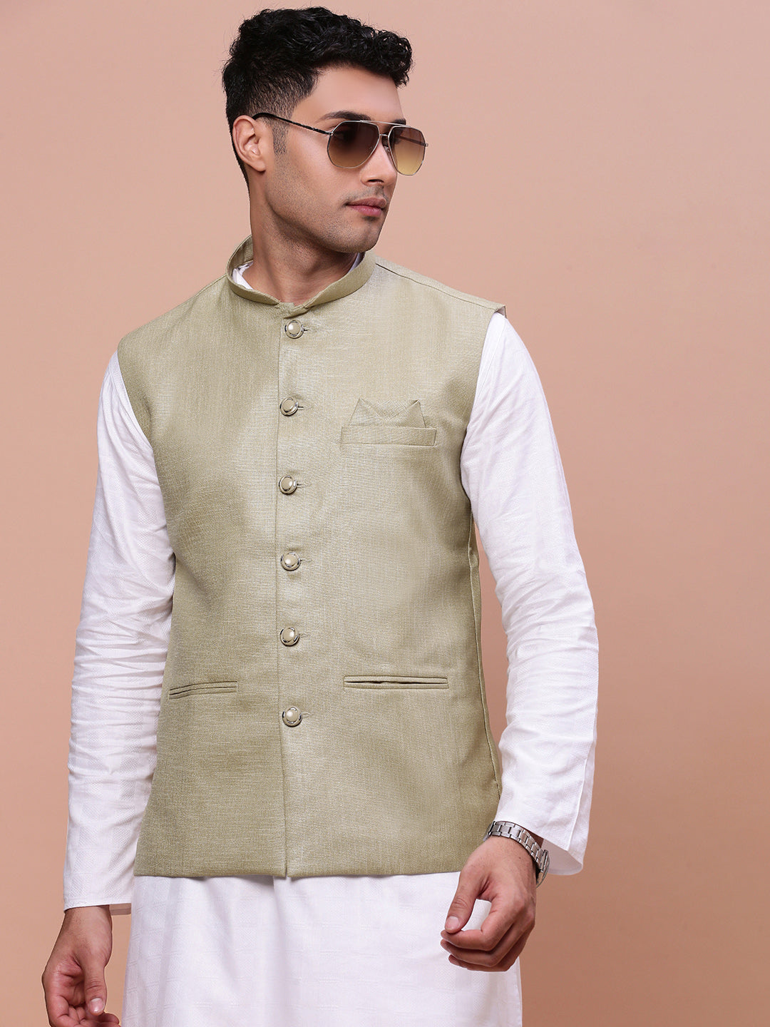 Men Solid Green Slim Fit Nehru Jacket