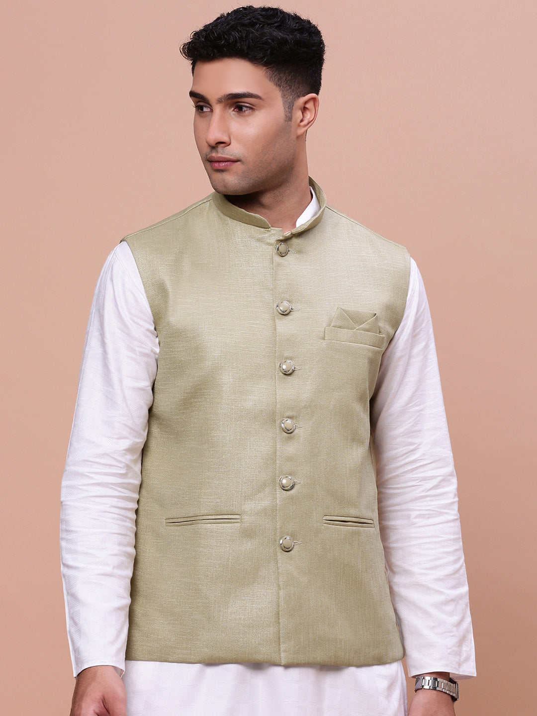 Men Solid Green Slim Fit Nehru Jacket