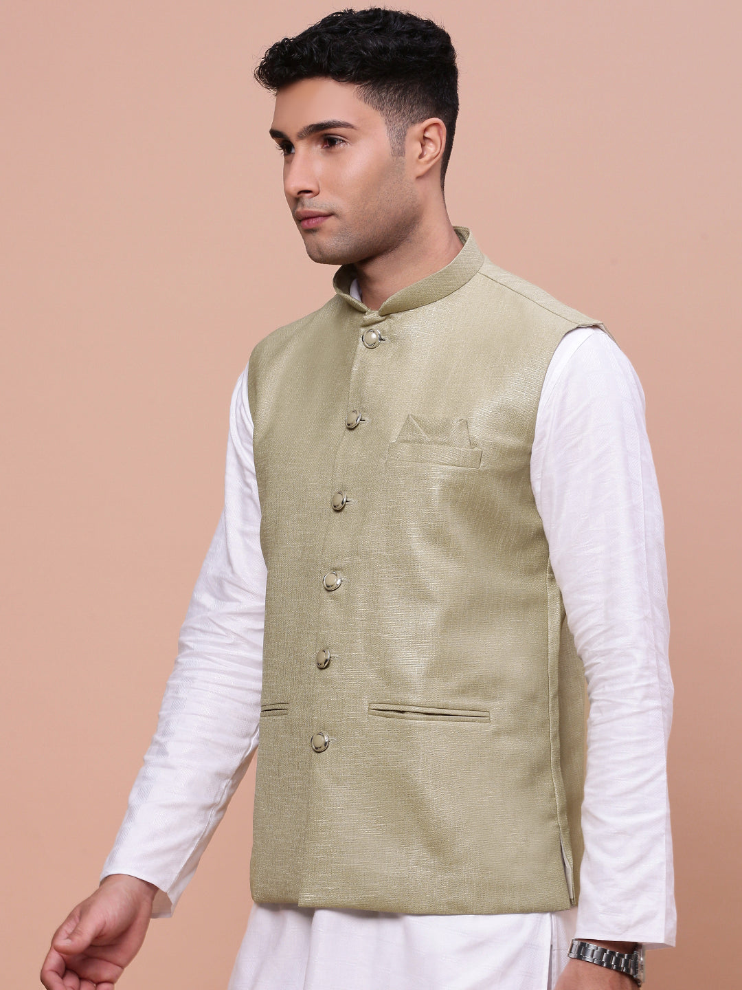 Men Solid Green Slim Fit Nehru Jacket