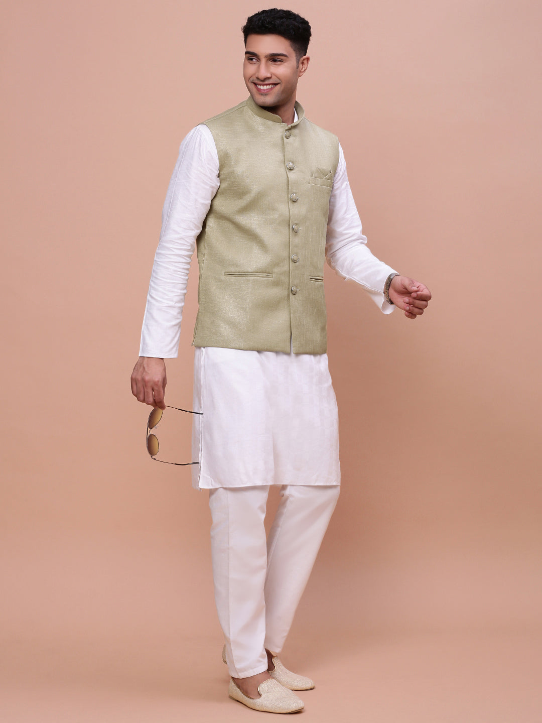 Men Solid Green Slim Fit Nehru Jacket