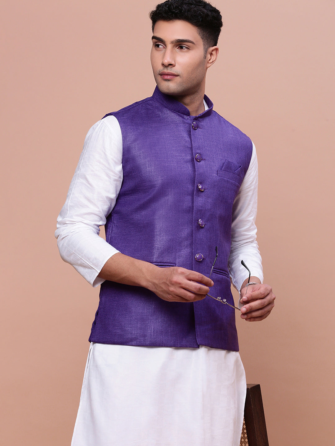 Men Solid Violet Slim Fit Nehru Jacket