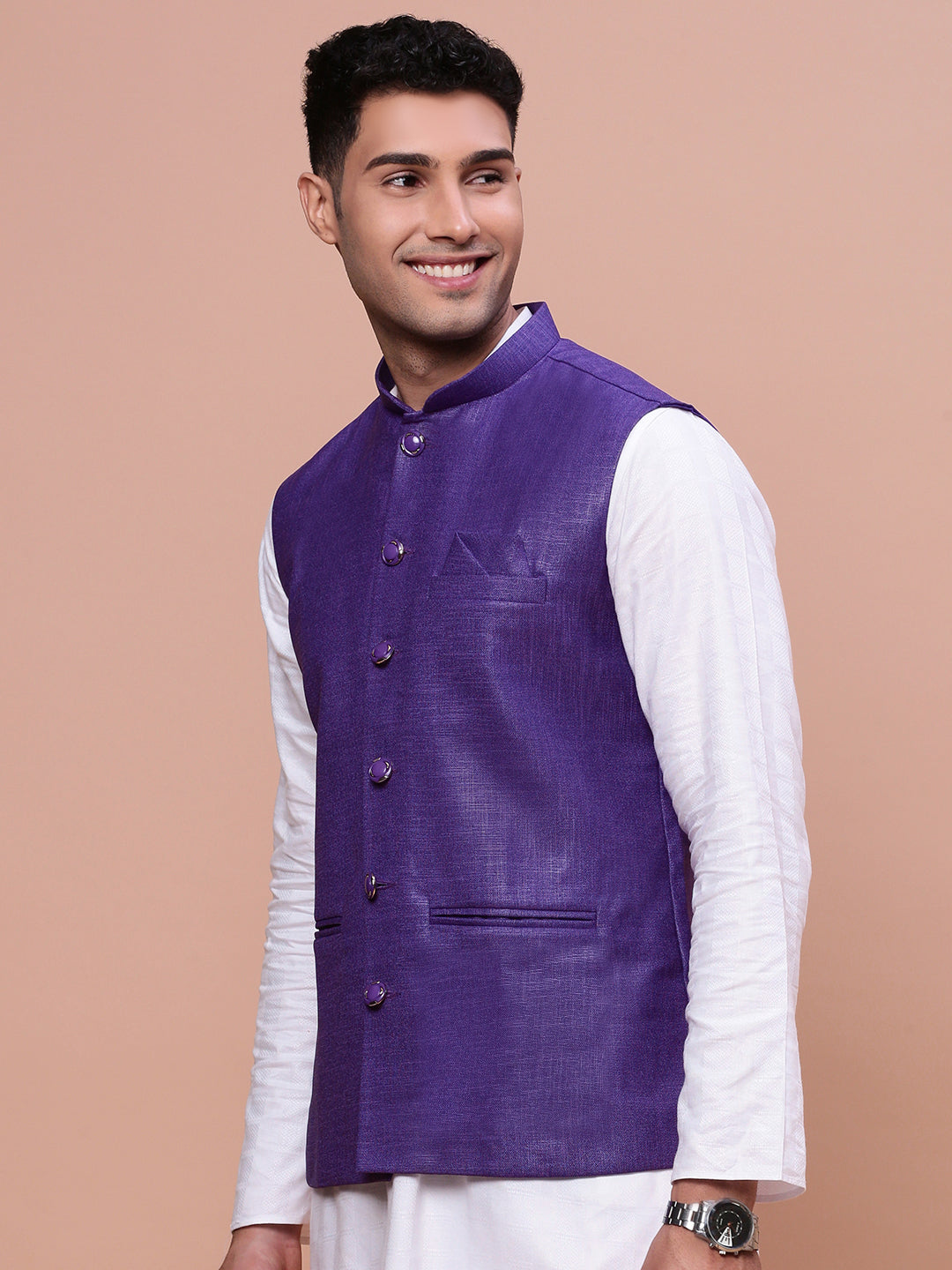 Men Solid Violet Slim Fit Nehru Jacket