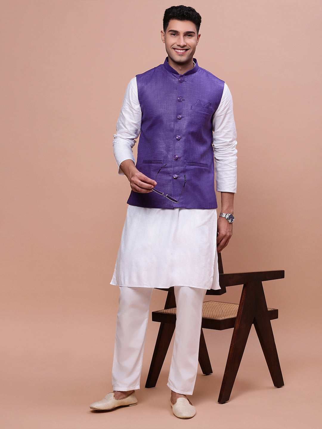 Men Solid Violet Slim Fit Nehru Jacket