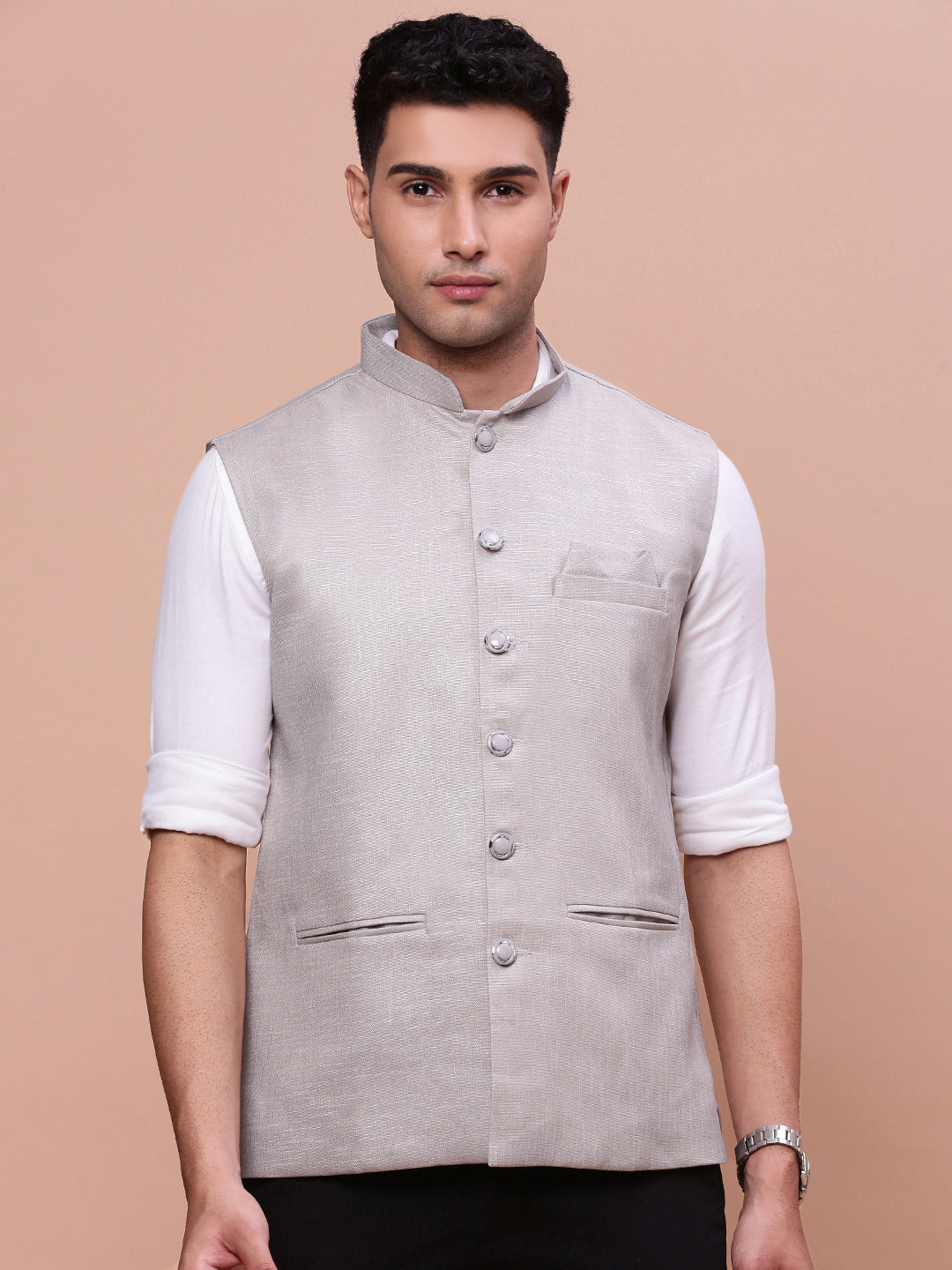 Men Solid Grey Slim Fit Nehru Jacket