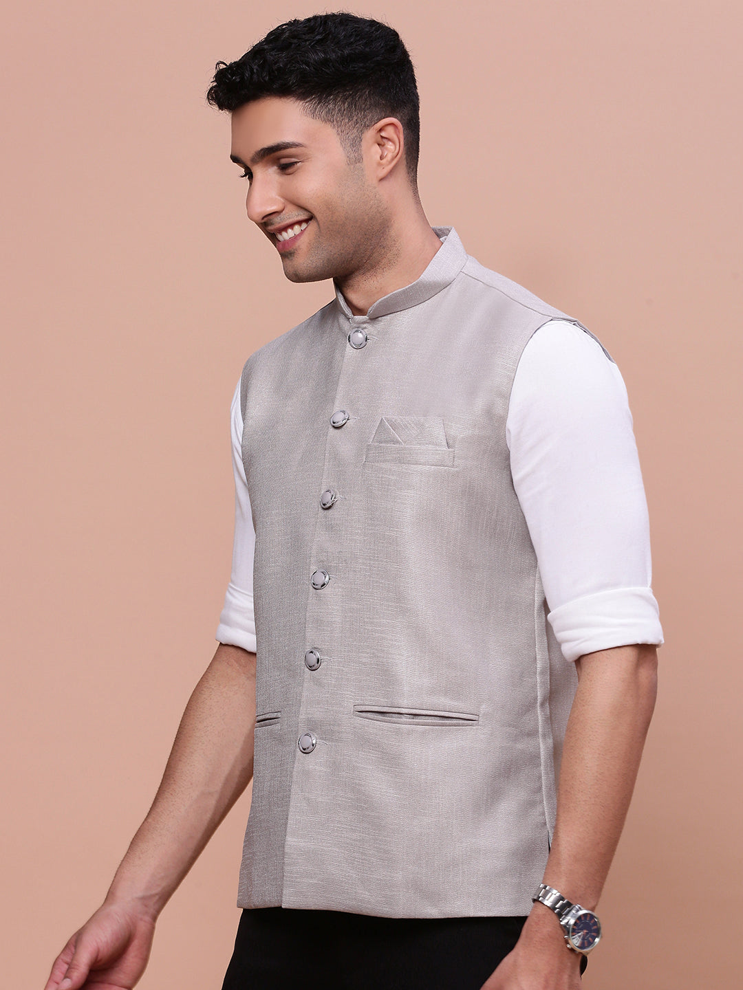 Men Solid Grey Slim Fit Nehru Jacket