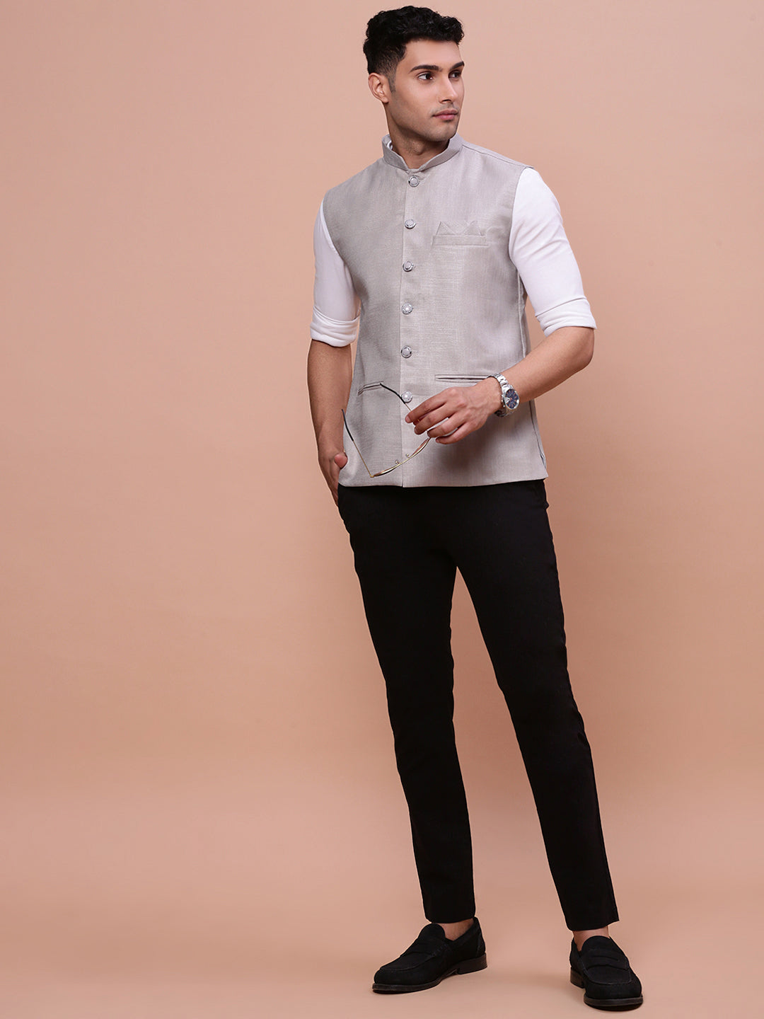 Men Solid Grey Slim Fit Nehru Jacket