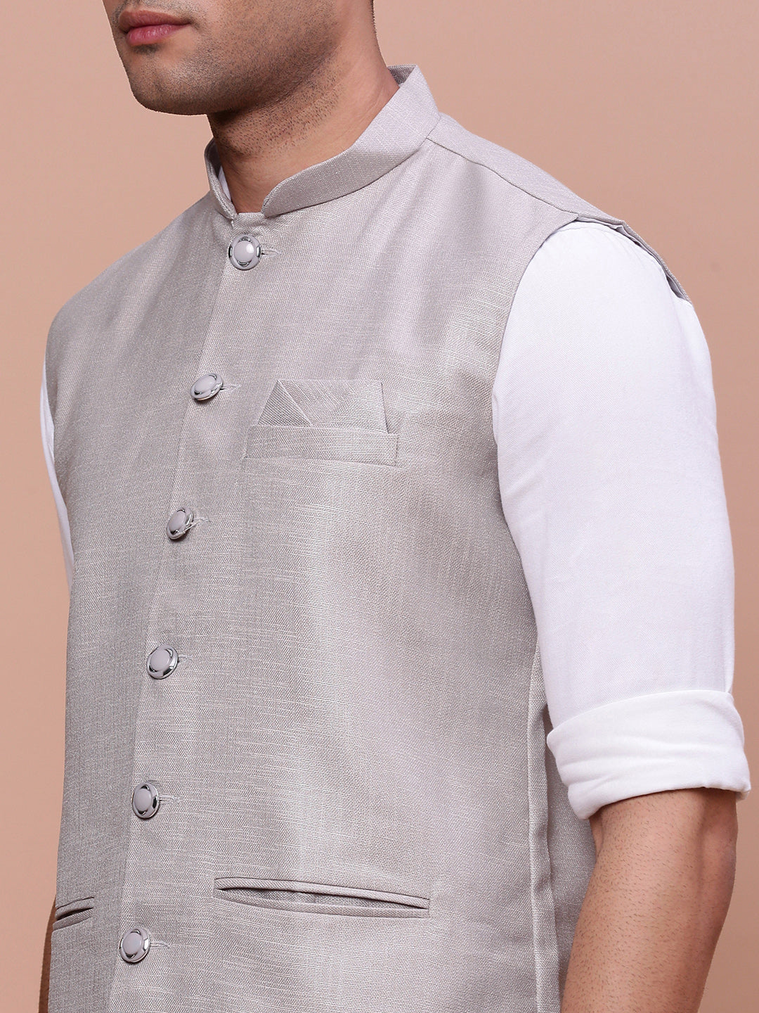 Men Solid Grey Slim Fit Nehru Jacket