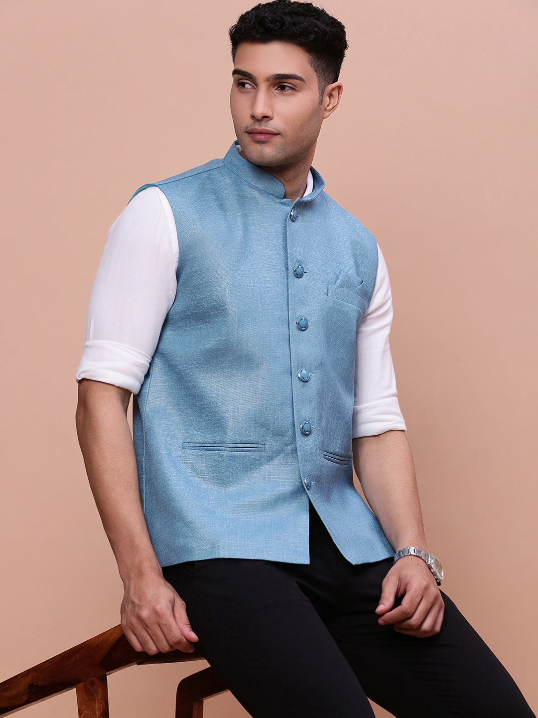 Men Solid Turquoise Blue Slim Fit Nehru Jacket