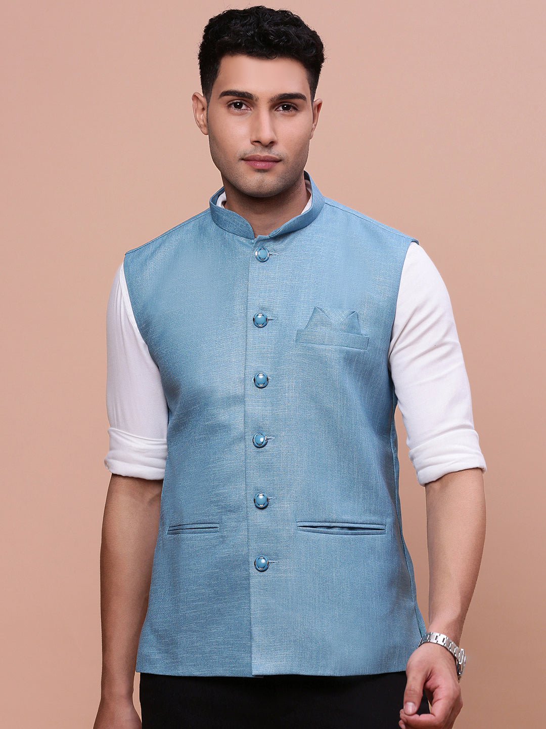 Men Solid Turquoise Blue Slim Fit Nehru Jacket