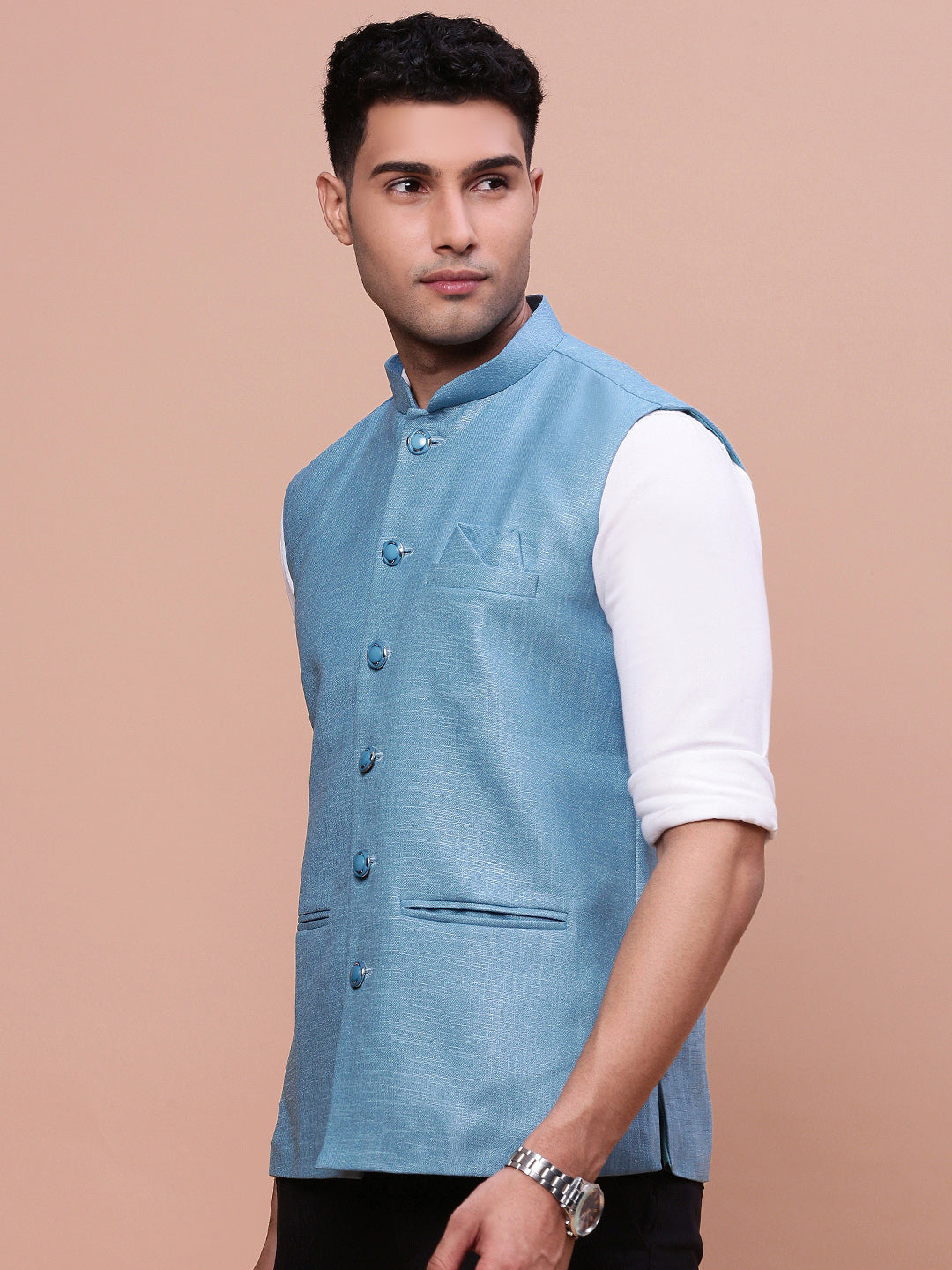 Men Solid Turquoise Blue Slim Fit Nehru Jacket