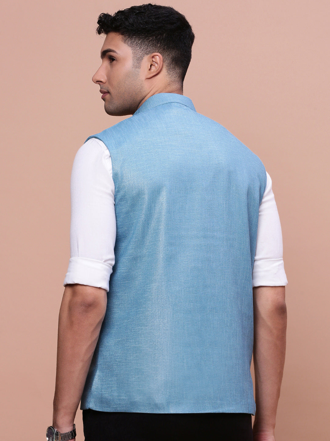 Men Solid Turquoise Blue Slim Fit Nehru Jacket