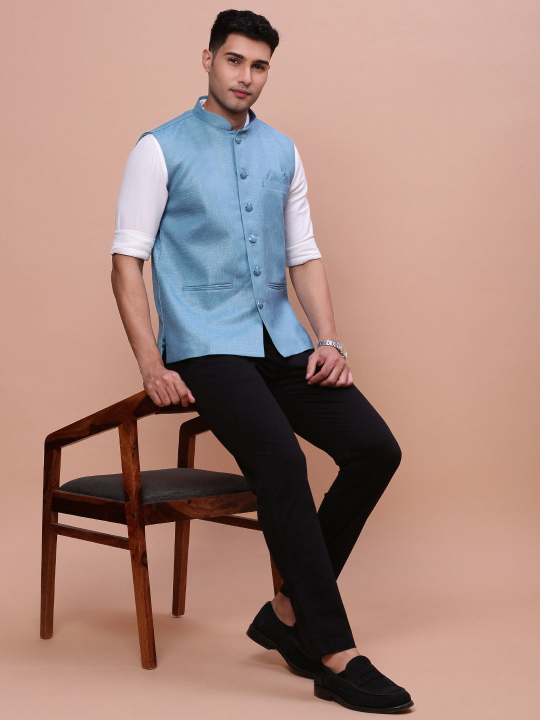 Men Solid Turquoise Blue Slim Fit Nehru Jacket