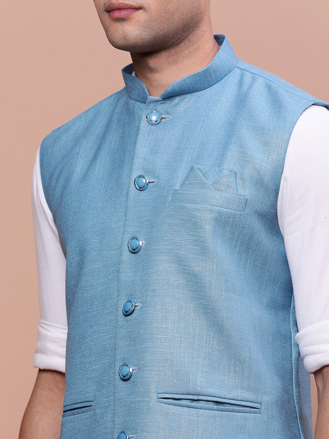 Men Solid Turquoise Blue Slim Fit Nehru Jacket