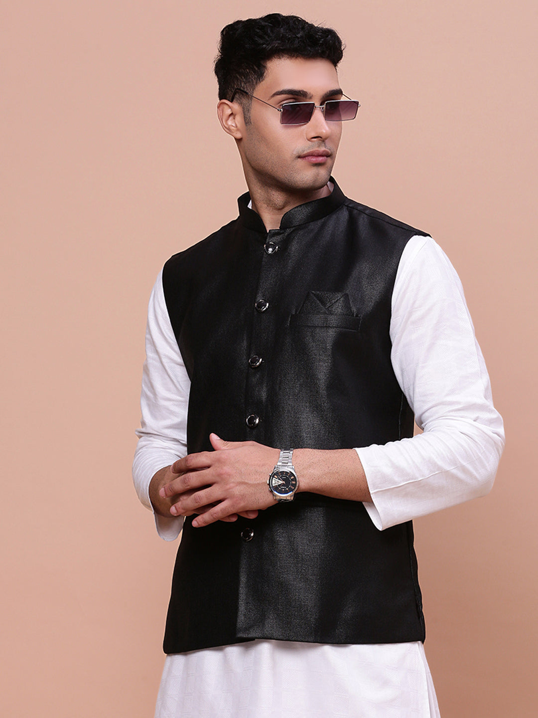 Men Solid Black Slim Fit Nehru Jacket