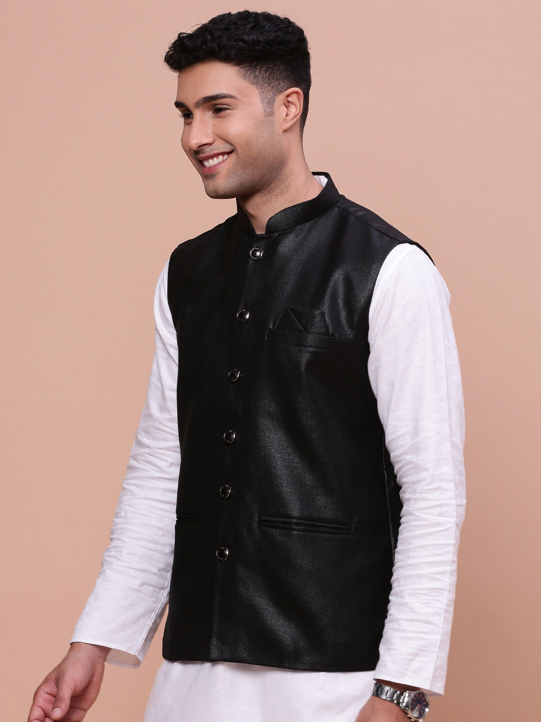 Men Solid Black Slim Fit Nehru Jacket