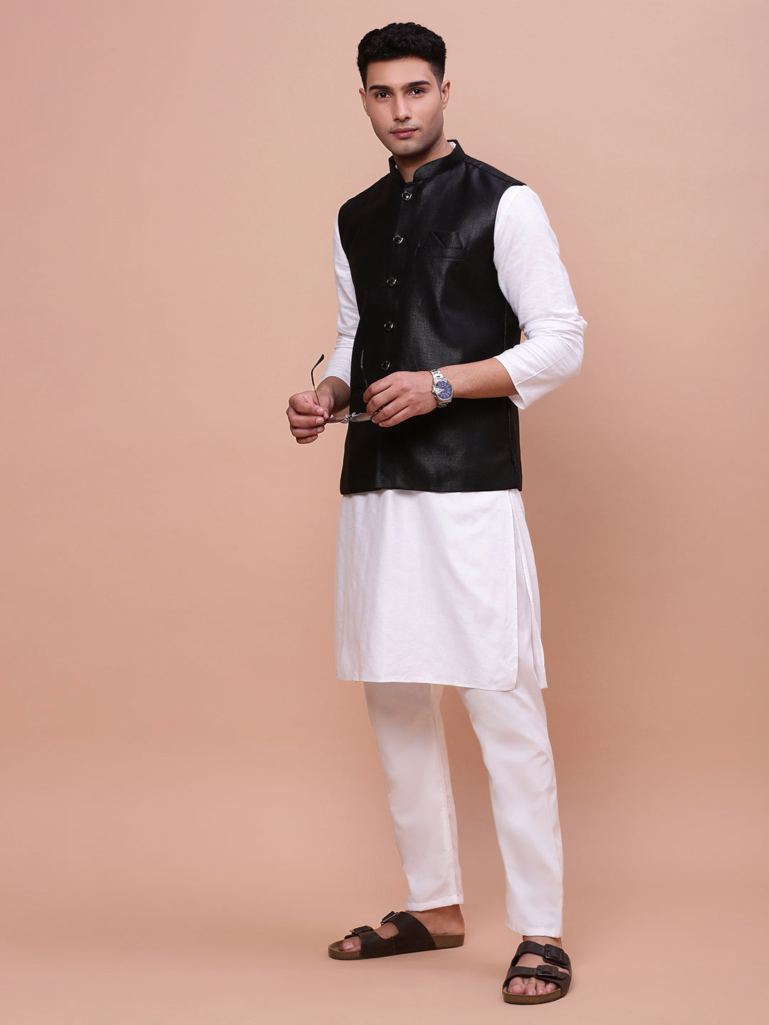 Men Solid Black Slim Fit Nehru Jacket