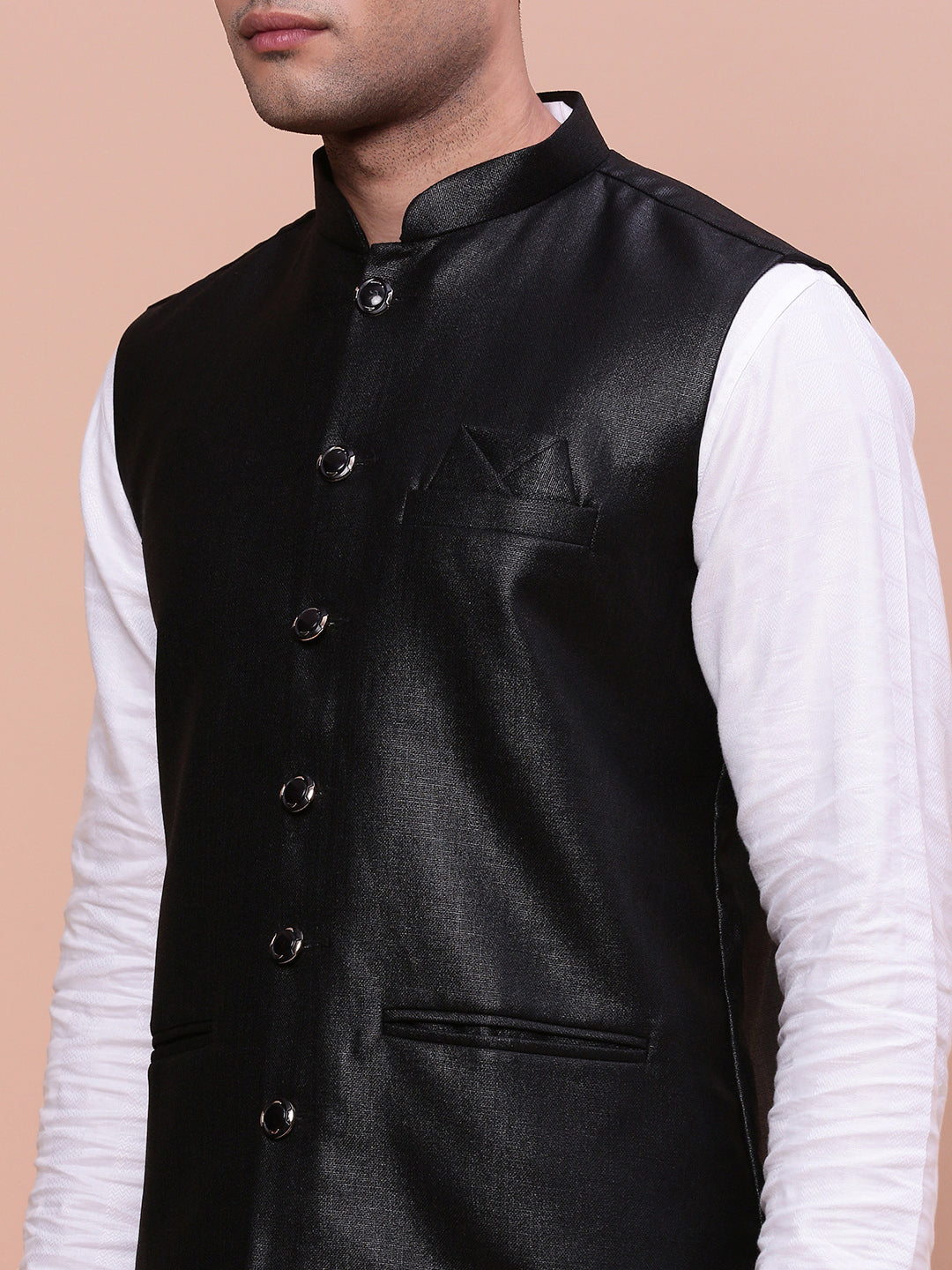 Men Solid Black Slim Fit Nehru Jacket