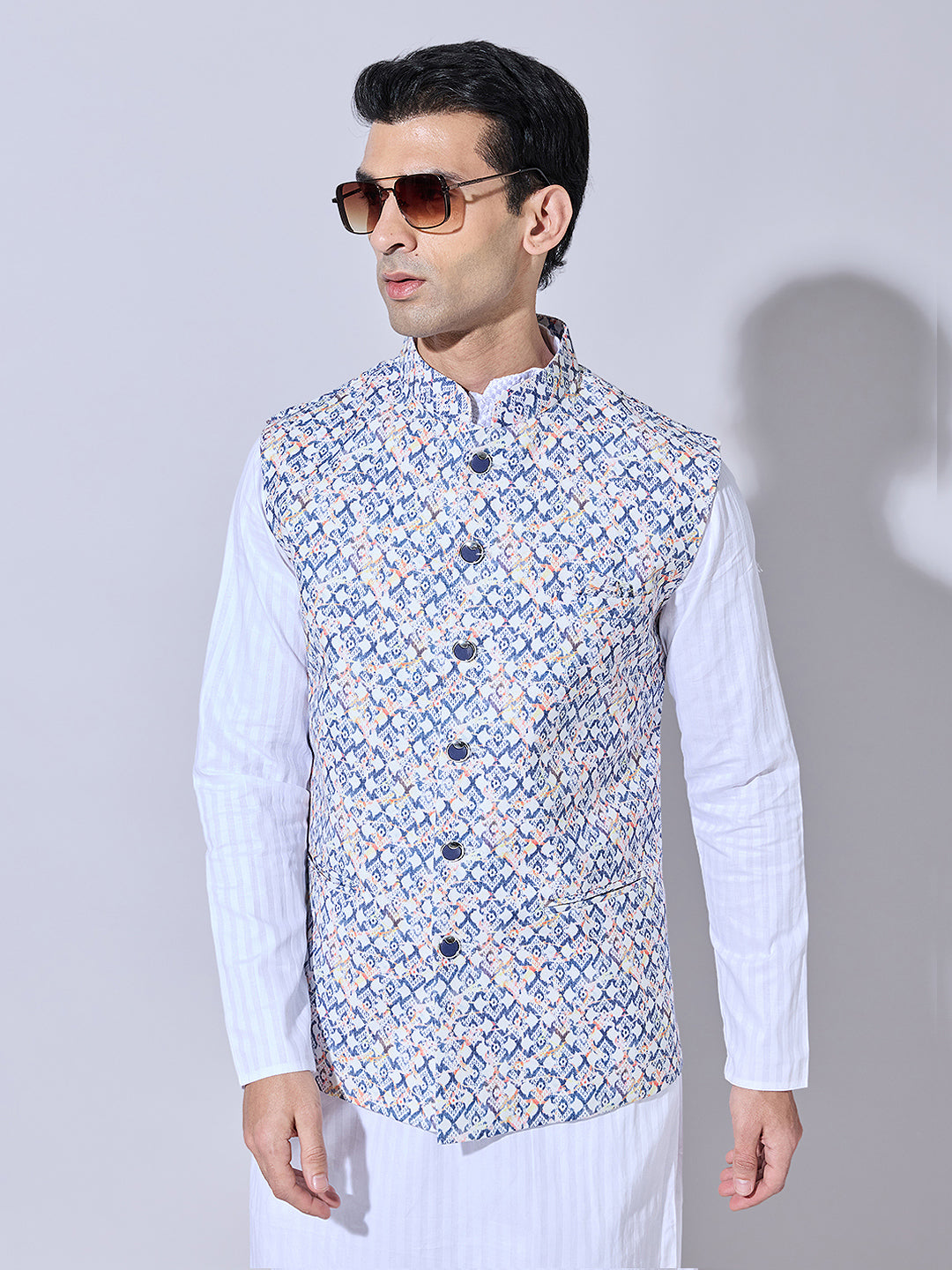 Men's Printed Blue Nehru Jacket