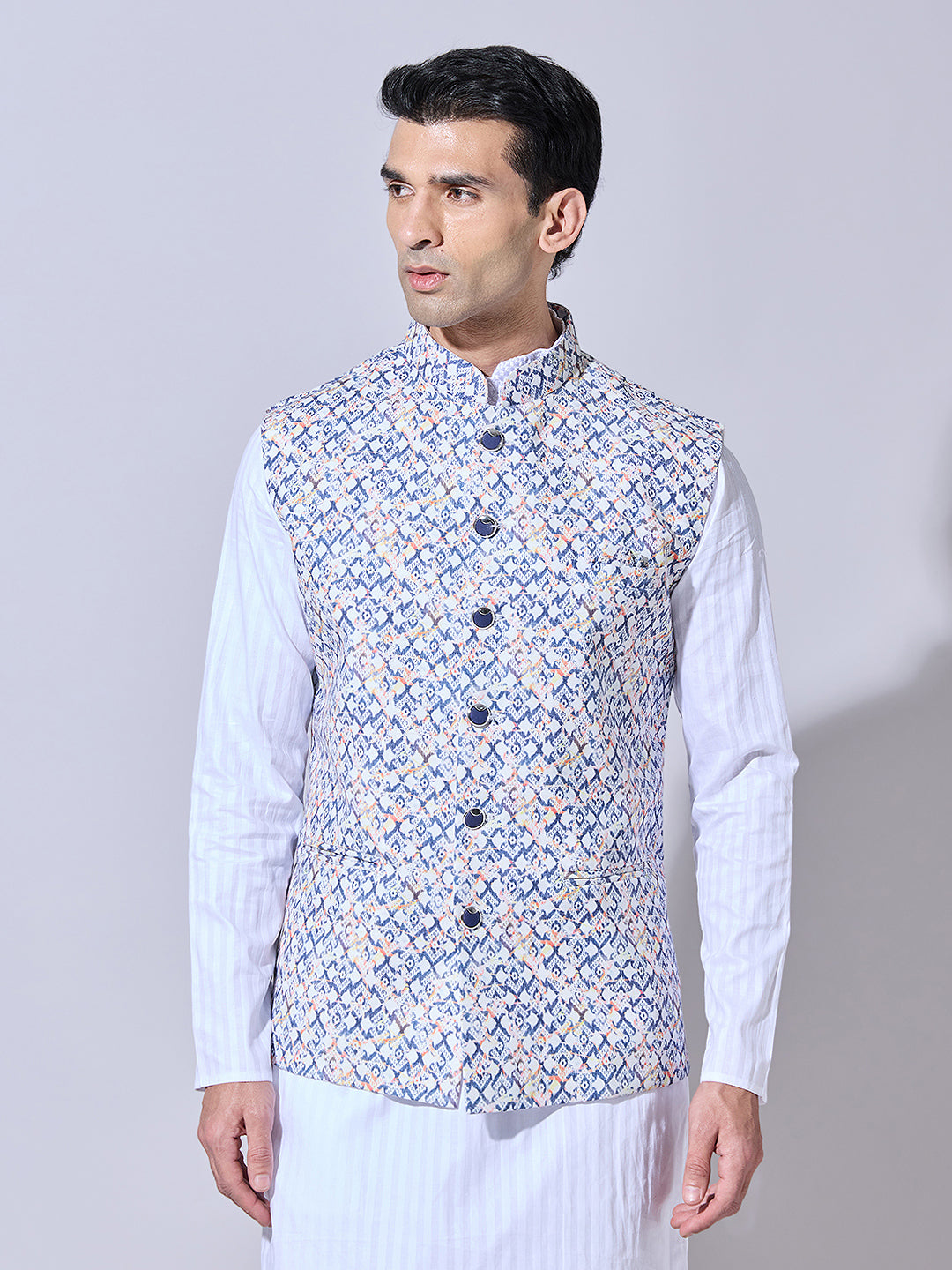 Men's Printed Blue Nehru Jacket
