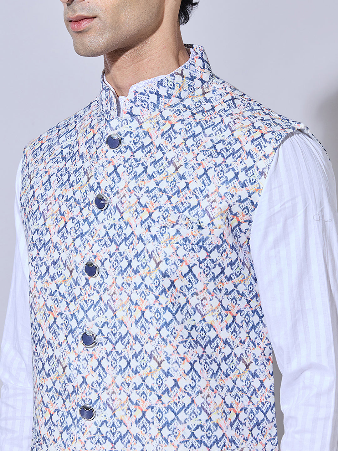 Men's Printed Blue Nehru Jacket