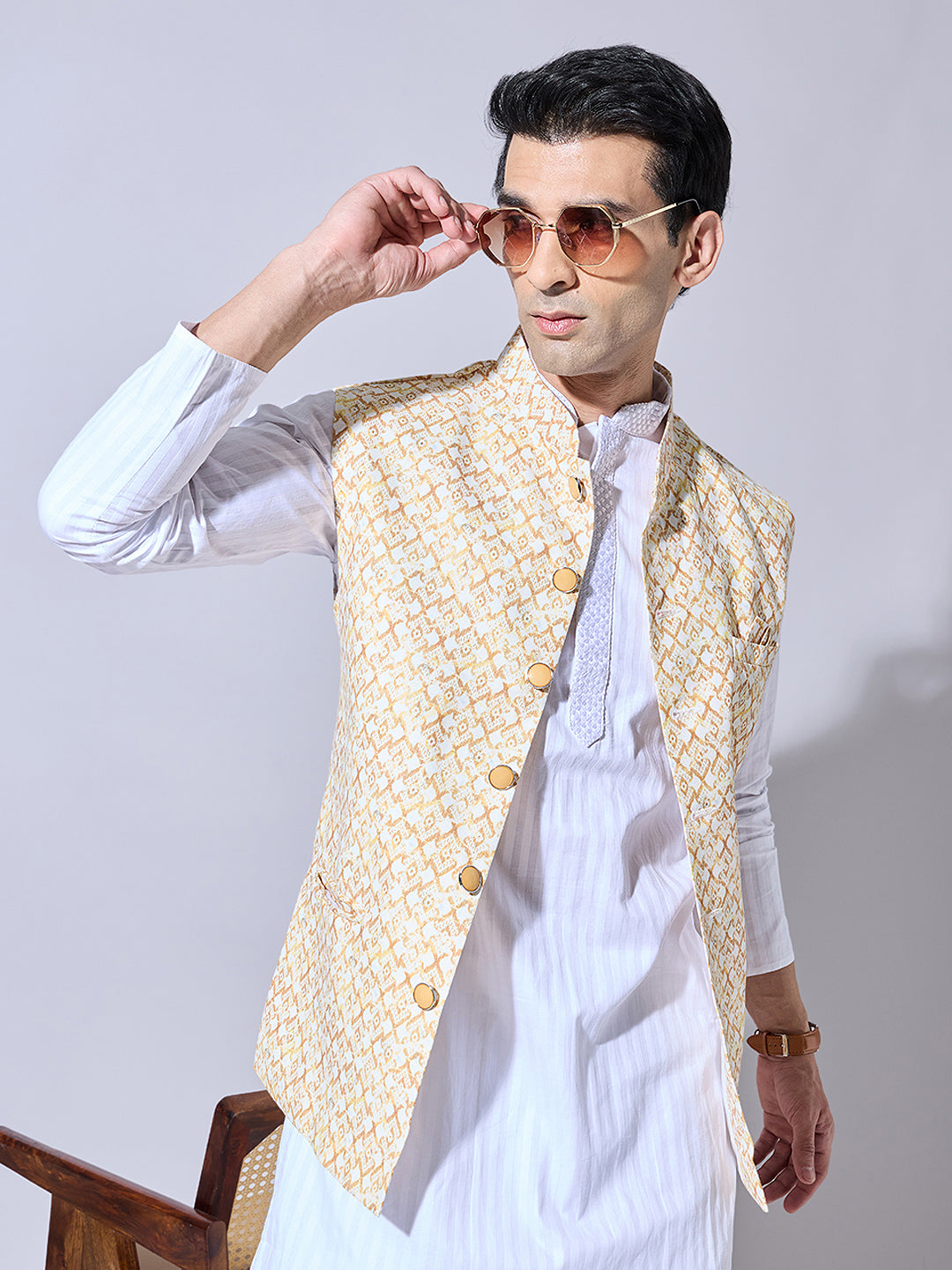 Men's Printed Yellow Nehru Jacket