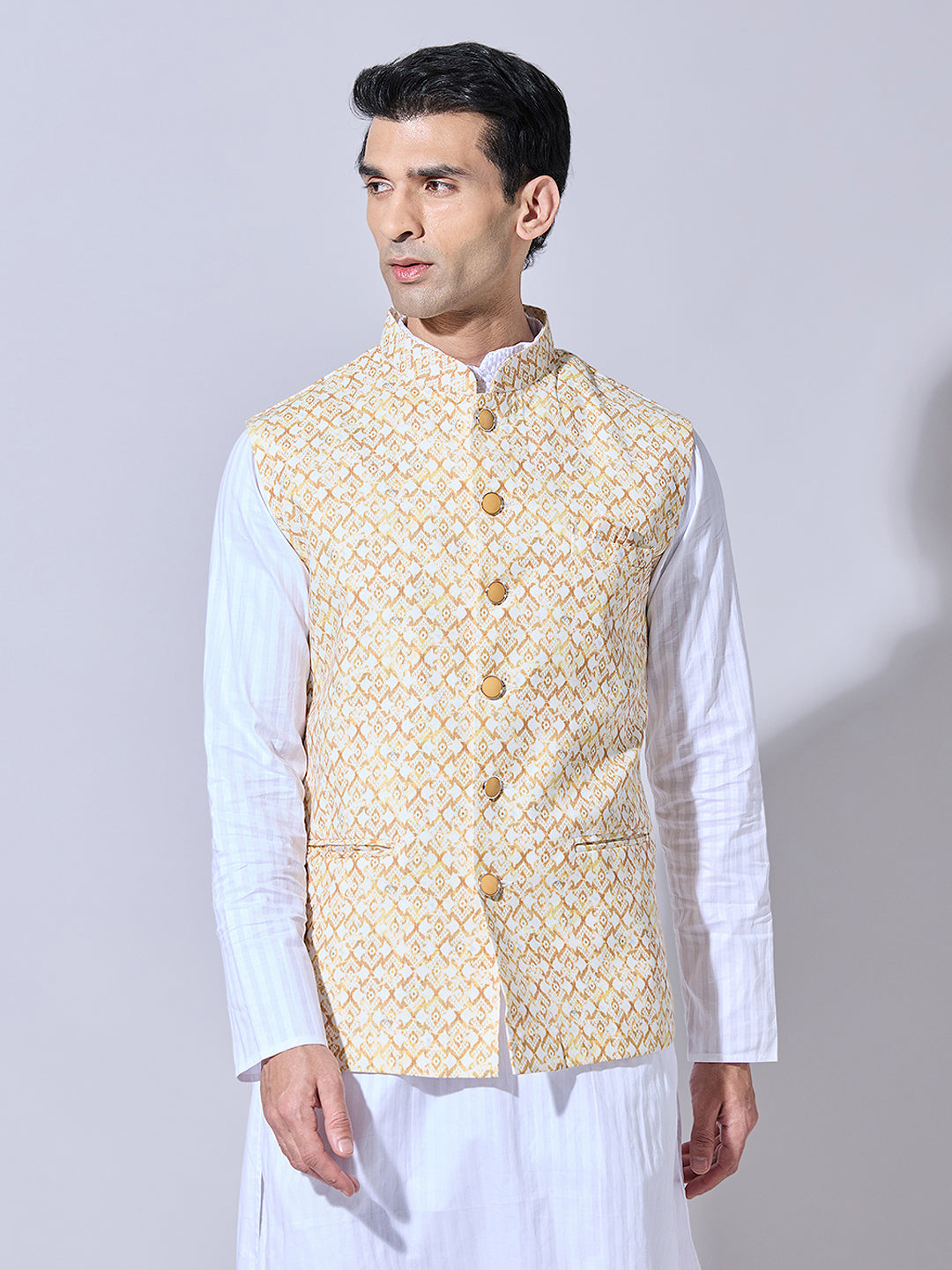 Men's Printed Yellow Nehru Jacket