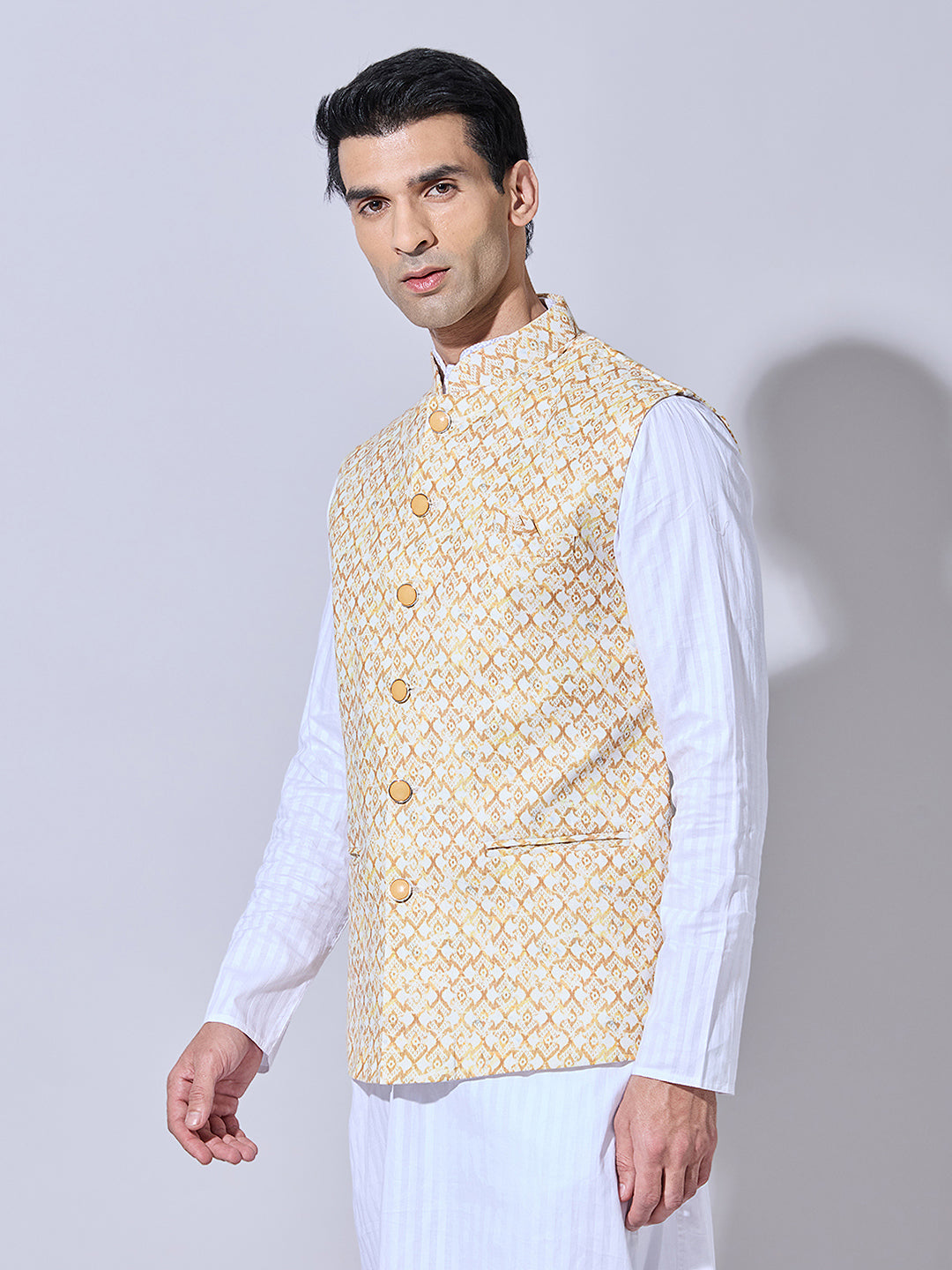 Men's Printed Yellow Nehru Jacket