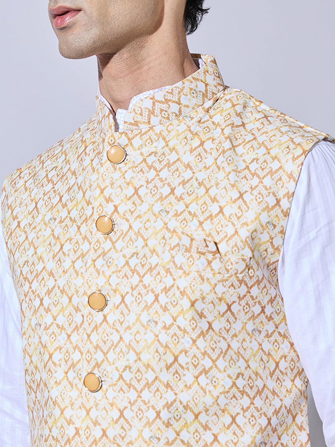 Men's Printed Yellow Nehru Jacket