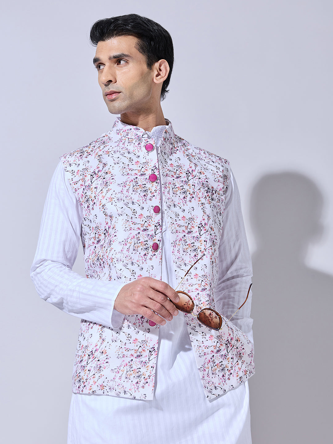 Men's Floral Printed Pink Nehru Jacket