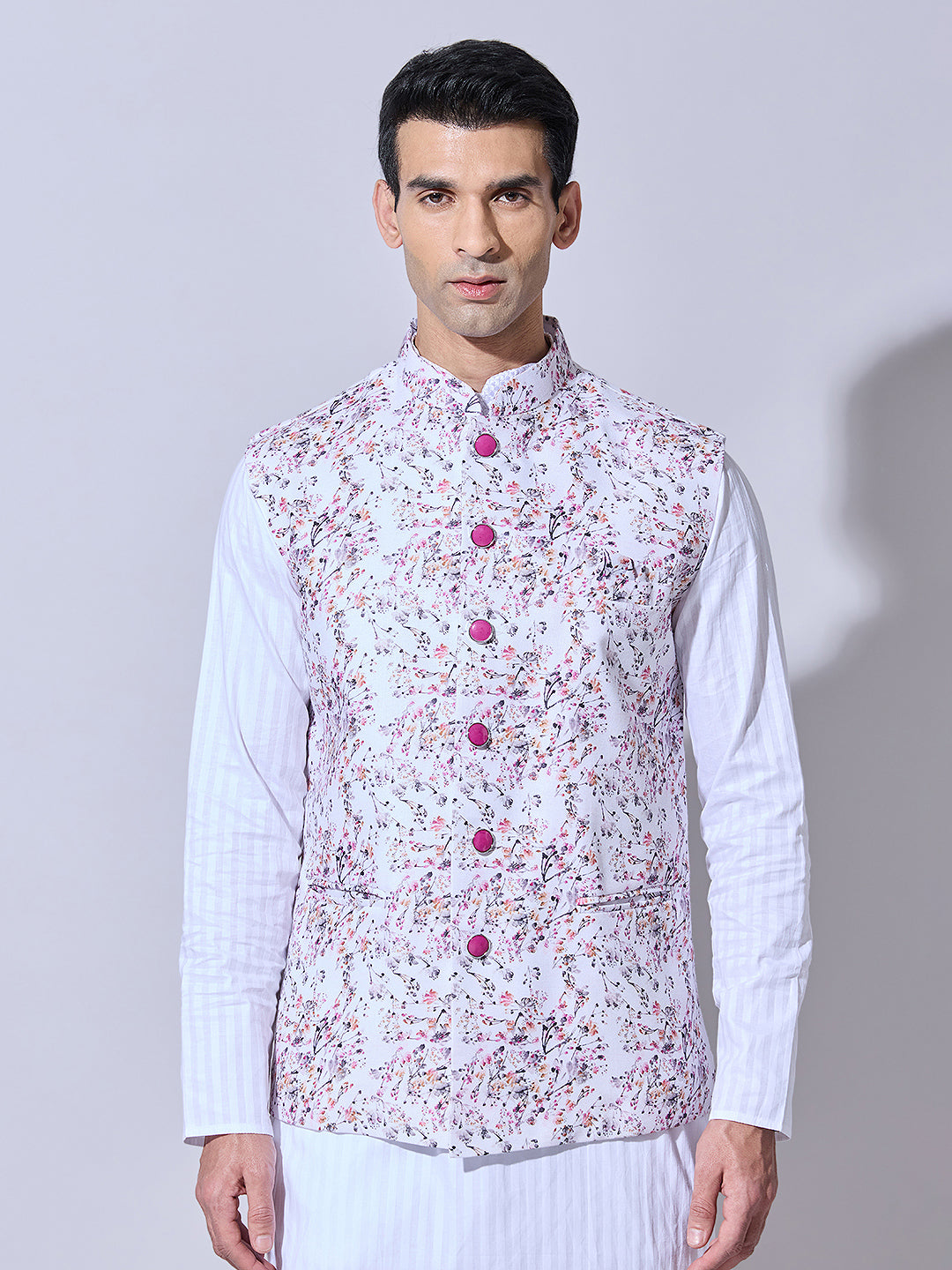 Men's Floral Printed Pink Nehru Jacket