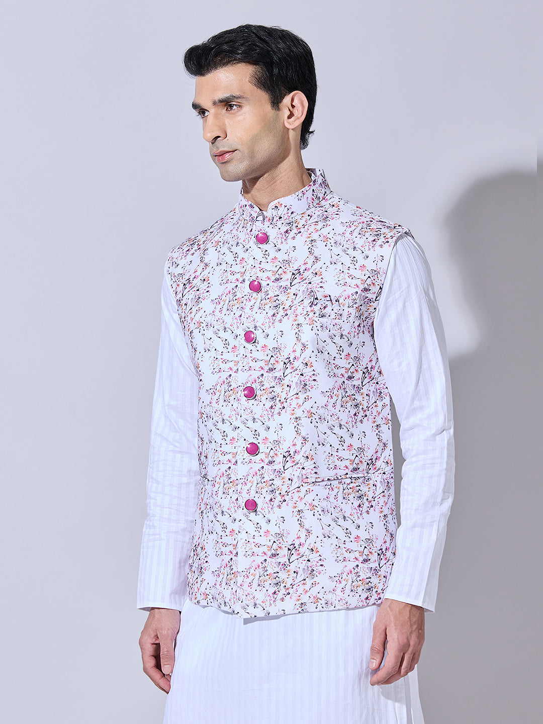 Men's Floral Printed Pink Nehru Jacket
