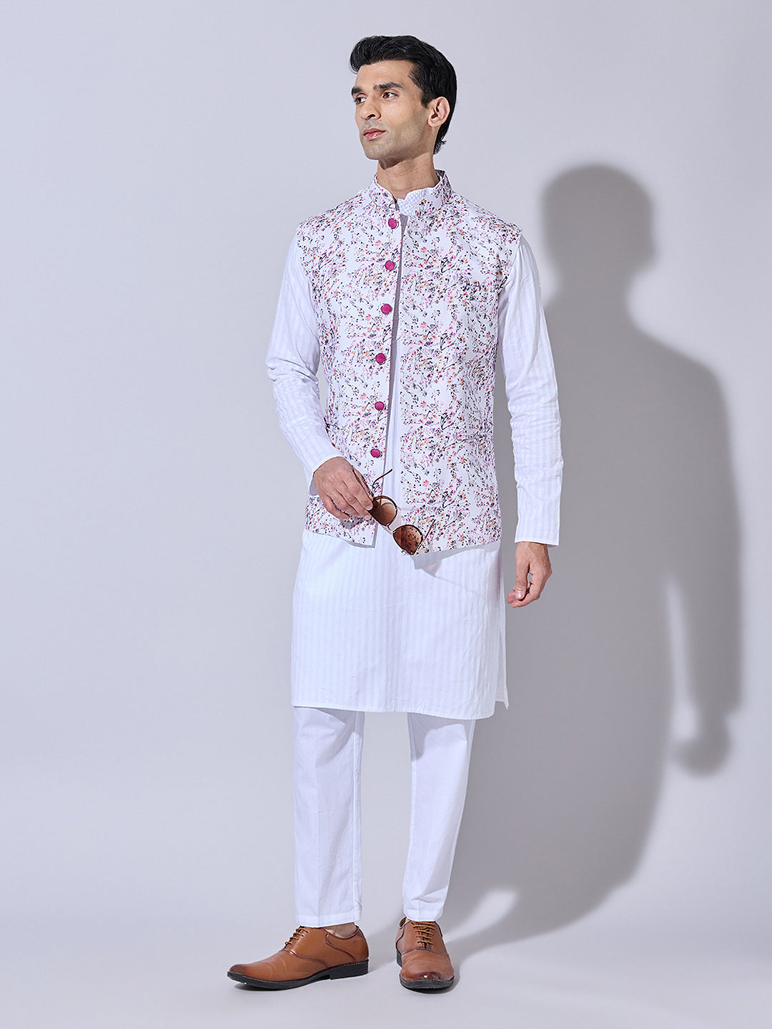 Men's Floral Printed Pink Nehru Jacket