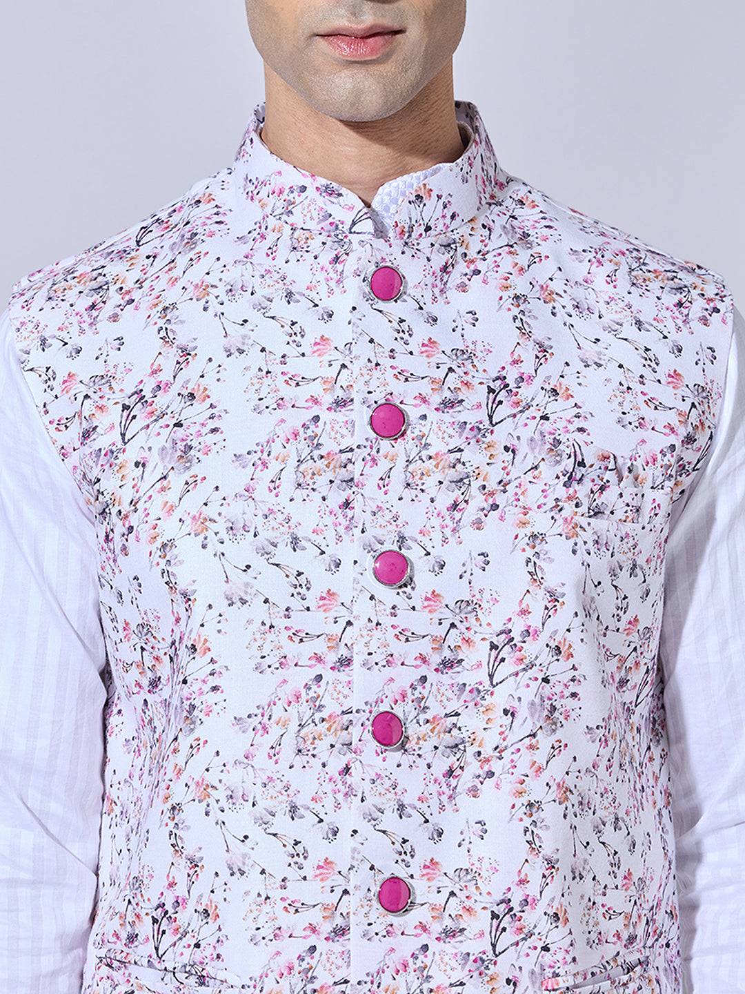 Men's Floral Printed Pink Nehru Jacket
