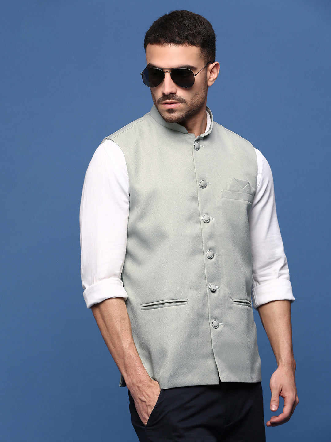 Men Solid Sea Green Slim Fit Nehru Jacket