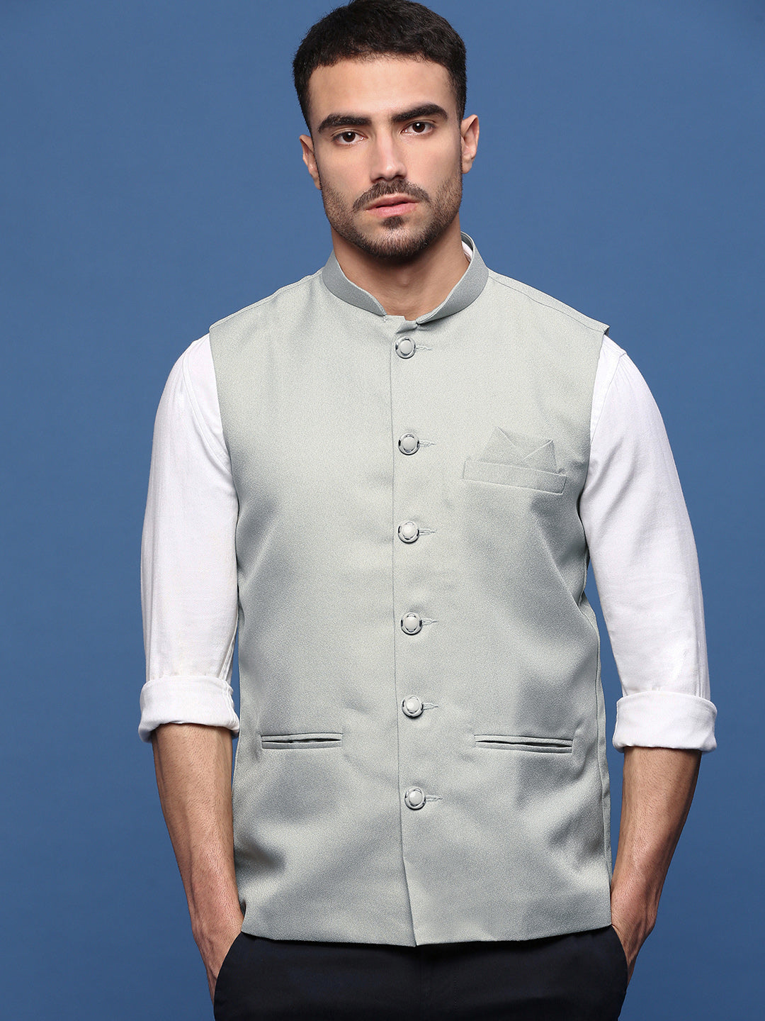 Men Solid Sea Green Slim Fit Nehru Jacket