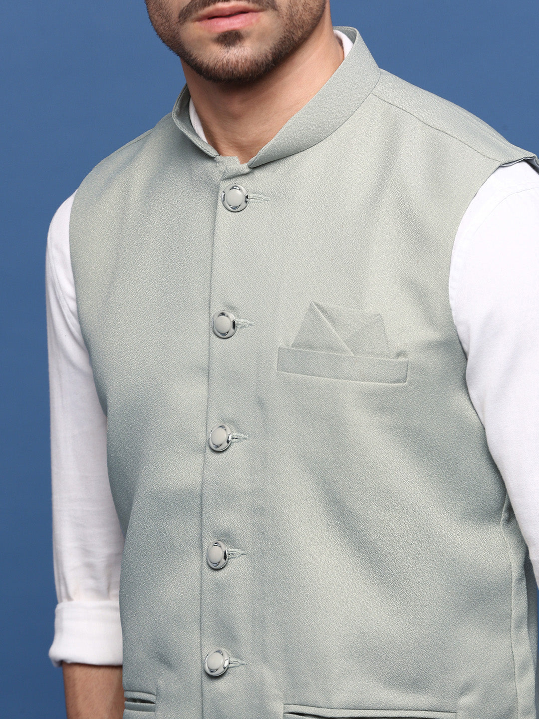 Men Solid Sea Green Slim Fit Nehru Jacket