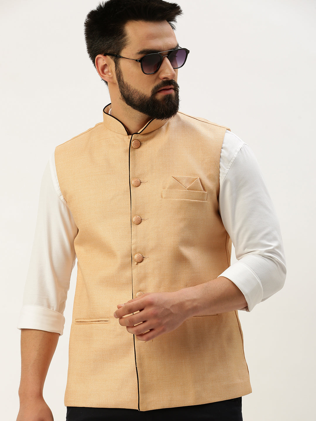 Men Mandarin Collar Solid Peach Nehru Jacket