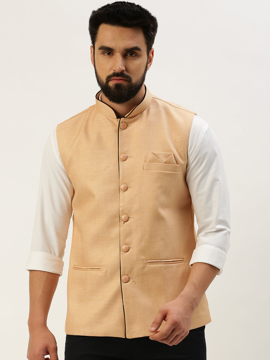 Men Mandarin Collar Solid Peach Nehru Jacket