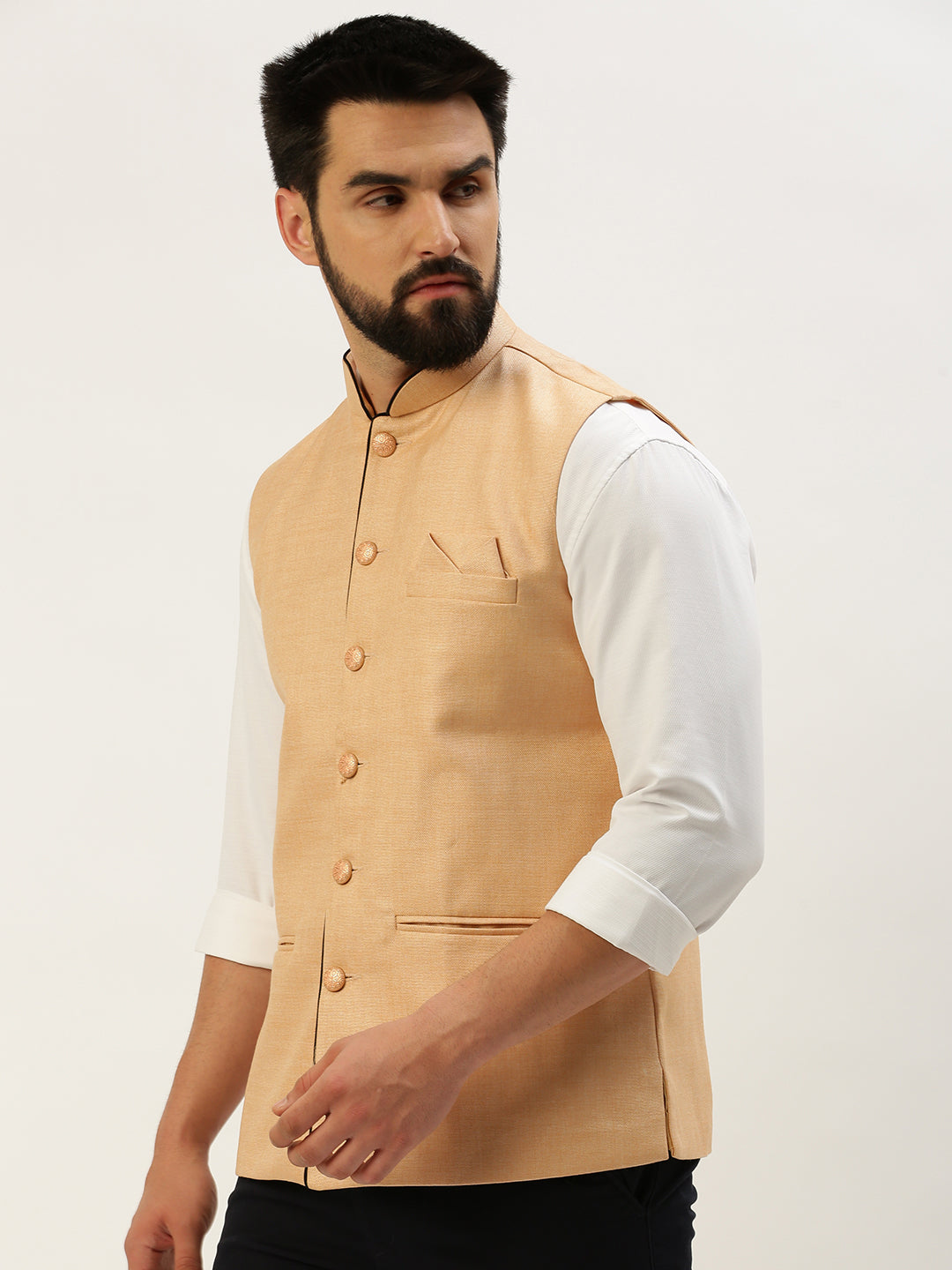 Men Mandarin Collar Solid Peach Nehru Jacket