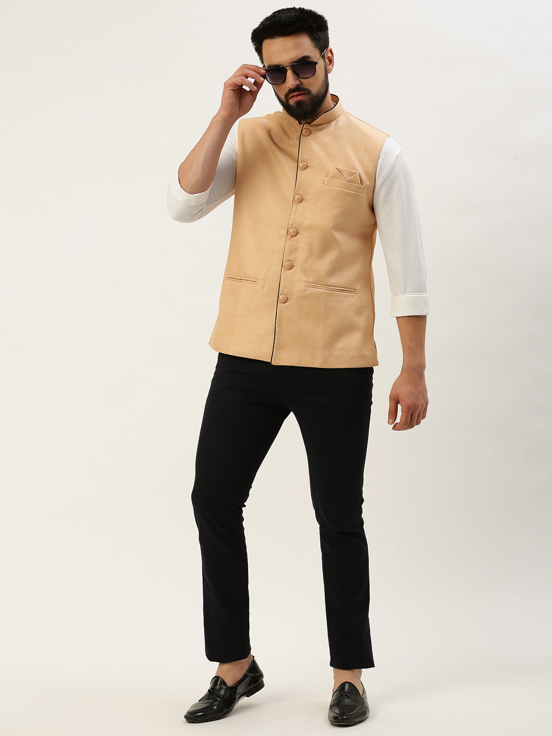 Men Mandarin Collar Solid Peach Nehru Jacket