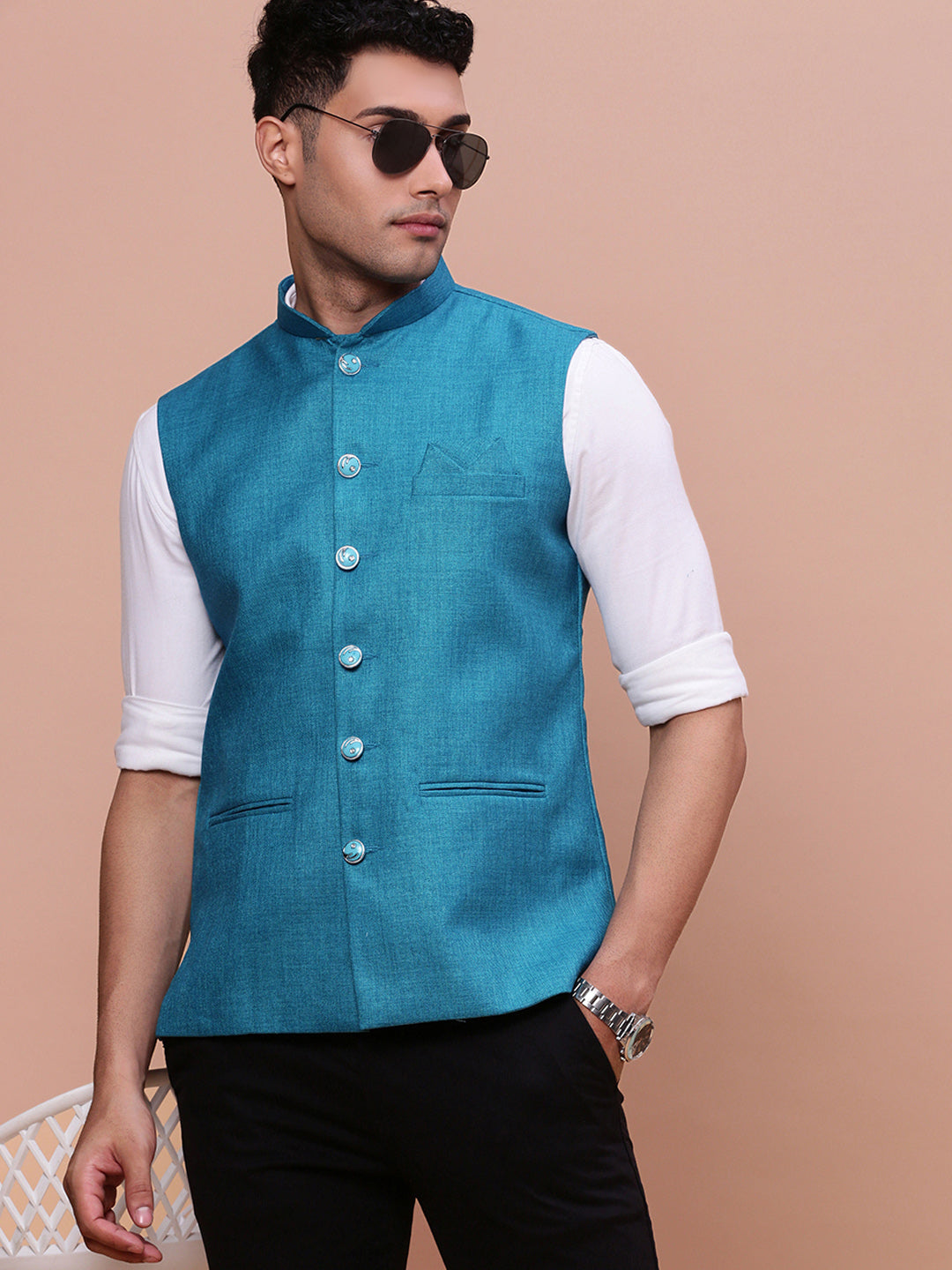 Men Solid Turquoise Blue Slim Fit Nehru Jacket